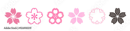 桜のアイコン。水彩風イラスト。春の花。いろんな花びらの形をしたベクター素材。さくら。