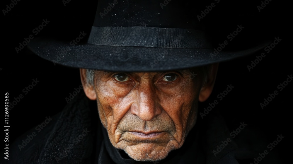 A man wearing a black hat and a black coat. He has a serious look on his face A man wearing a black hat and a black coat. He has a serious look on his face