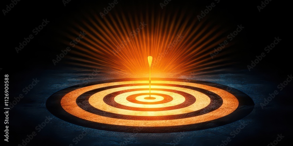 Fototapeta premium A glowing target with concentric circles and a rising arrow, symbolizing focus, achievement, and success against a dark background.