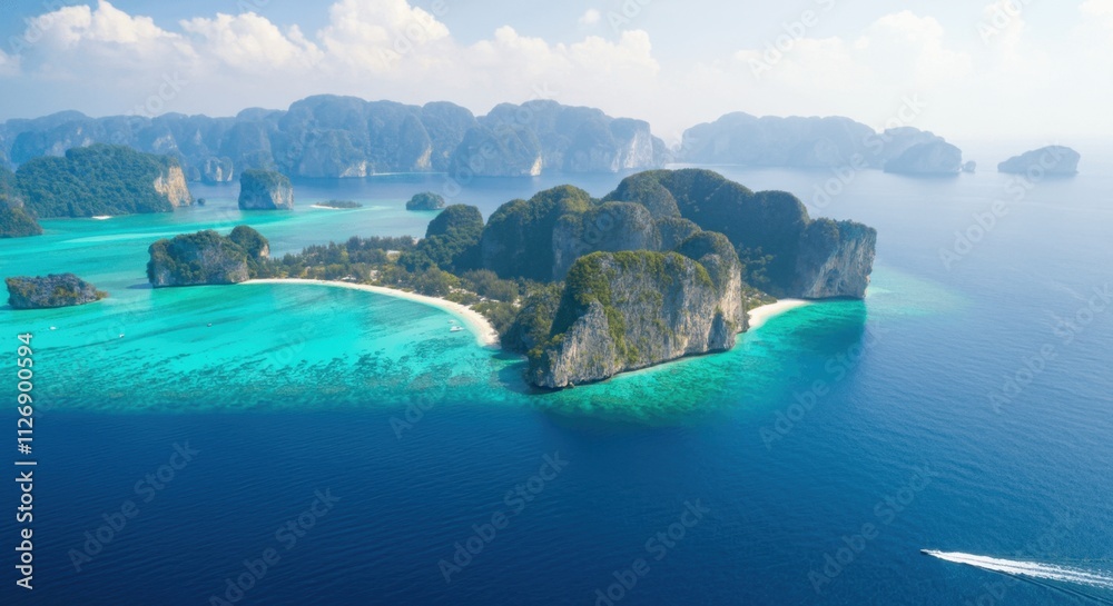 Serene tropical beach paradise with turquoise waters lush islands Serene tropical beach paradise with turquoise waters lush islands