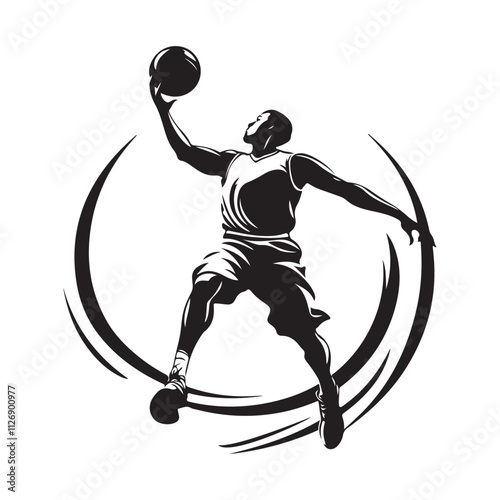 Basketball player logo silhouette design. Basketball player slam dunk black creative Vector Image isolated on white background.