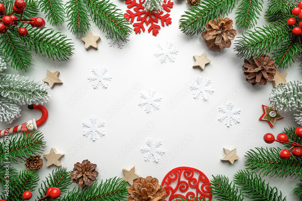 Christmas background. Christmas eve concept. Top view of gift boxes, fir branches, toys, on white background.