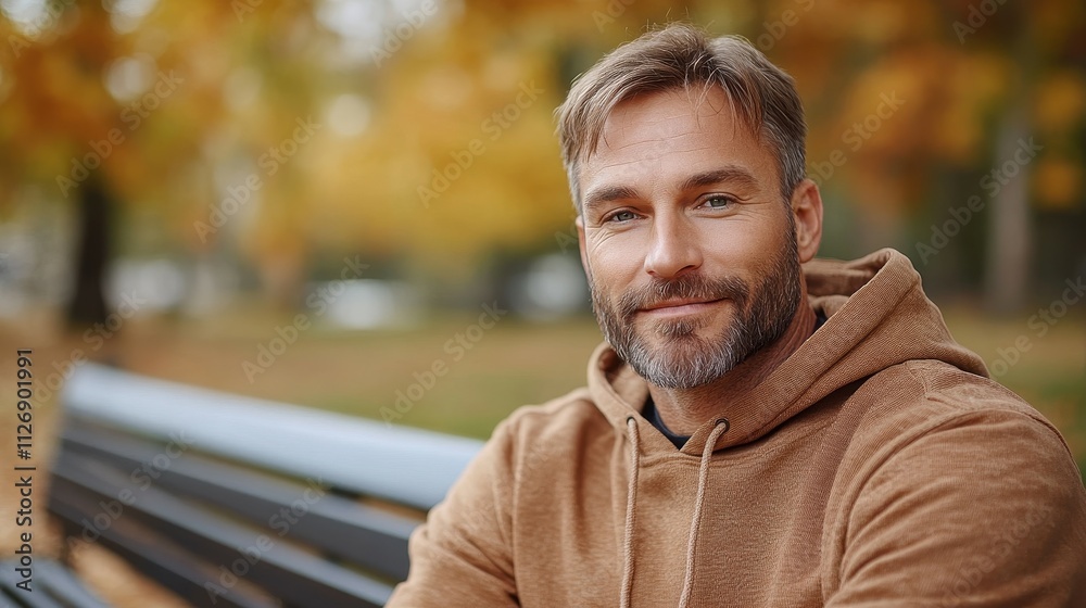 A man with a beard and gray hair is sitting on a bench in a park. He is smiling and looking at the camera