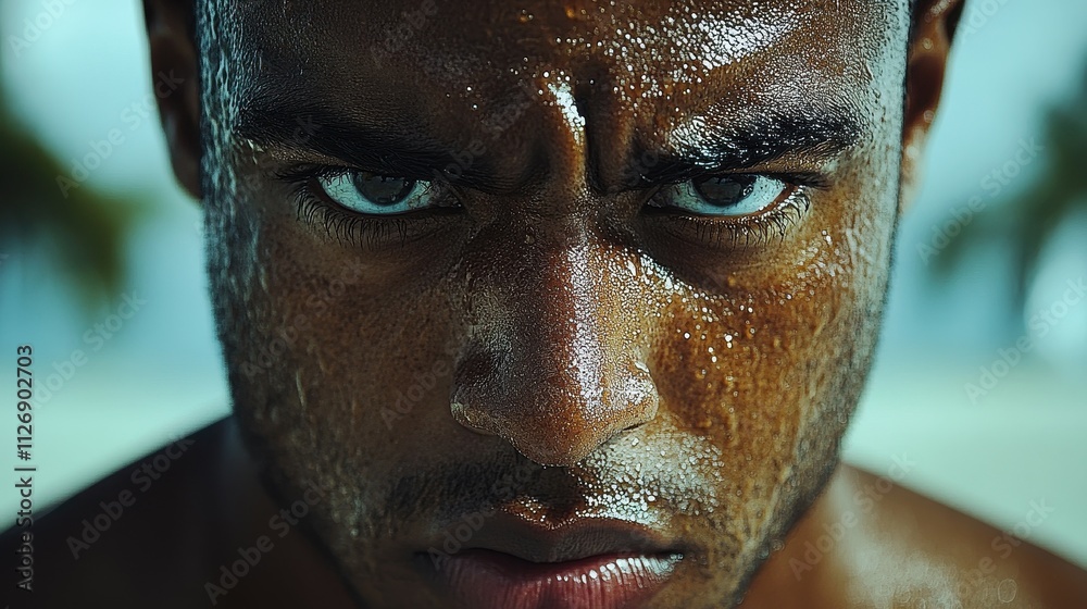 A man with a sweaty face and a frowning expression. The man is wearing a shirt and he is in a gym A man with a sweaty face and a frowning expression. The man is wearing a shirt and he is in a gym