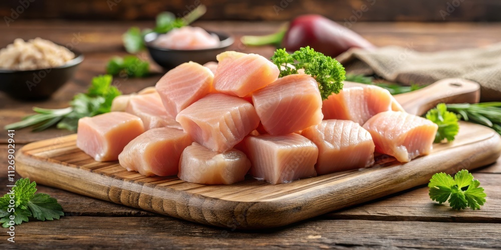 Raw Chicken Breast Cubes Ready for Cooking on Wooden Cutting Board with Fresh Herbs Raw Chicken Breast Cubes Ready for Cooking on Wooden Cutting Board with Fresh Herbs