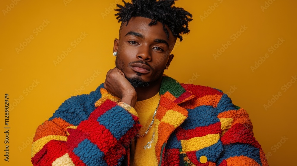 A man with dreadlocks is wearing a colorful jacket and leaning on his arm. The jacket is made of fuzzy material and has a lot of different colors