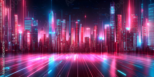 Cyberpunk Cityscape, Neon Towers Glowing Vibrantly at Night