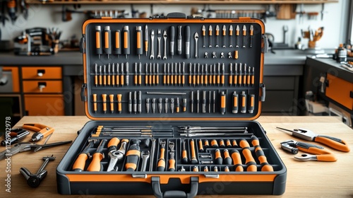 Comprehensive tool kit setup workshop product display organized environment stationary view diy essentials