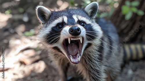 Angry raccoon baring teeth in forest