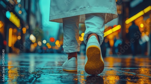 A person wearing white pants and sneakers walks on a wet street, reflecting city lights. The scene evokes a vibrant urban atmosphere.