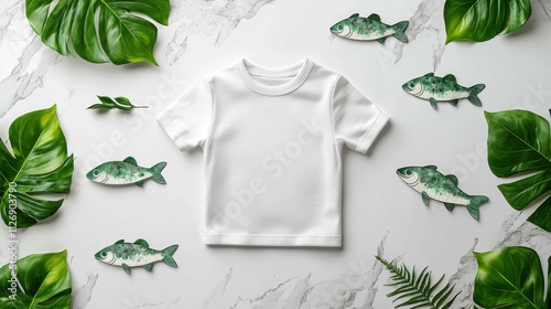 A plain white t-shirt is displayed among green fish illustrations and tropical leaves on a marble surface. A clean and stylish mockup for branding. photo