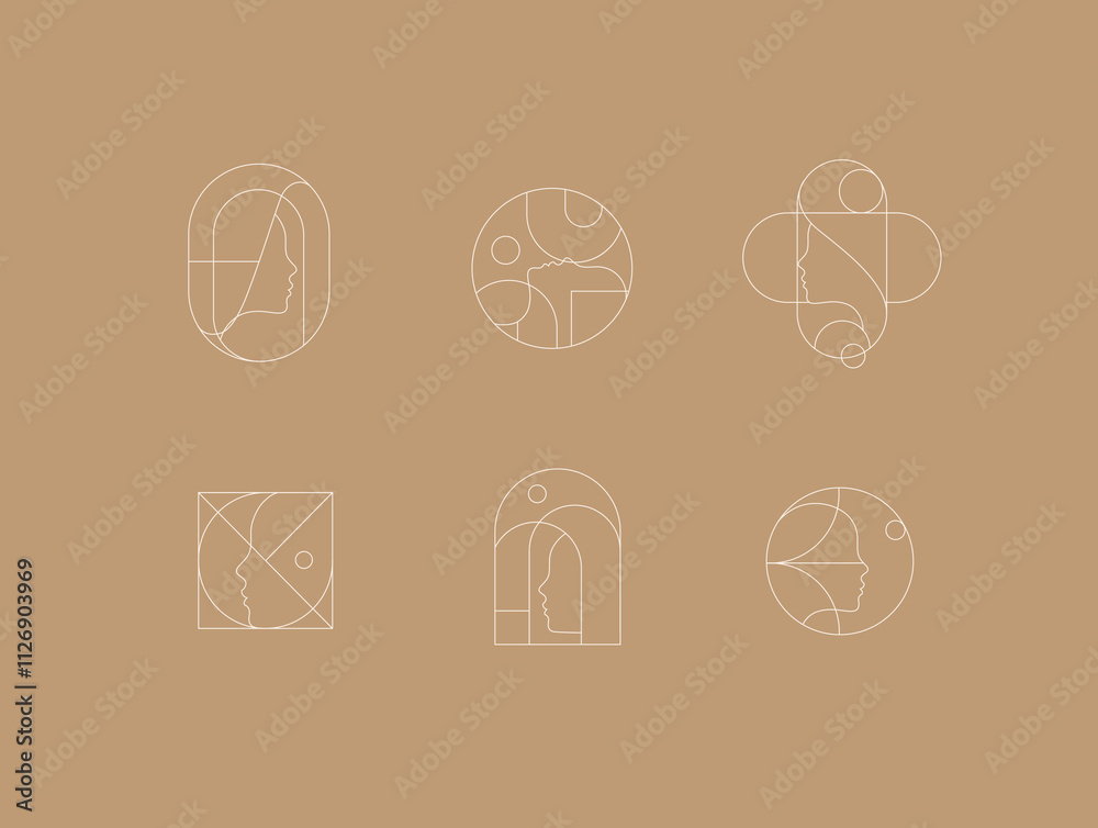 Female silhouettes drawing in minimalist linear art style on brown background.