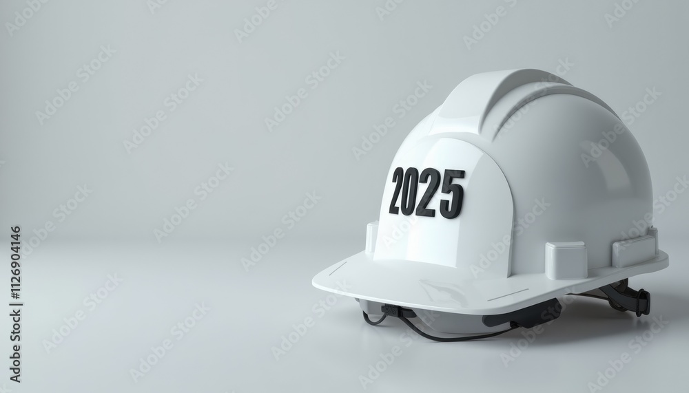 White construction helmet with 2025 inscription on minimalist background White construction helmet with 2025 inscription on minimalist background
