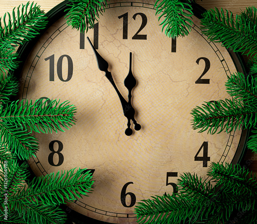 New Year's clock and still life. The clock shows midnight.