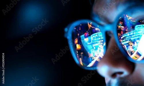 Man gazes thoughtfully while reflecting urban city lights in sunglasses at night