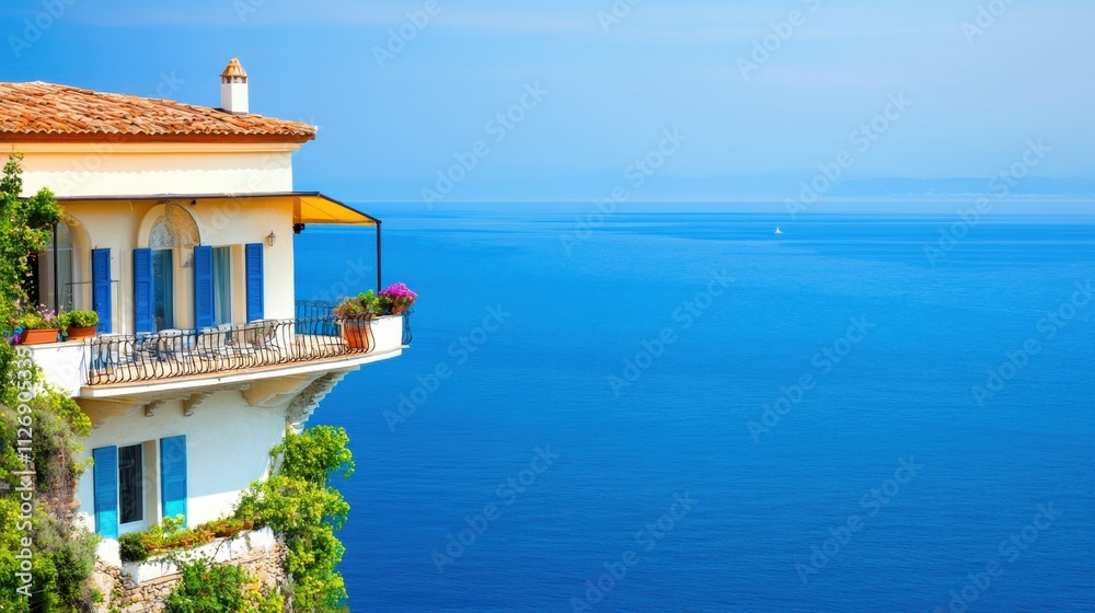 Obraz premium Scenic Coastal Balcony Overlooking Serene Blue Ocean under Clear Sky
