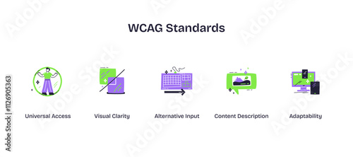 WCAG Standards icons show universal access, visual clarity, and adaptability. Playful style icons