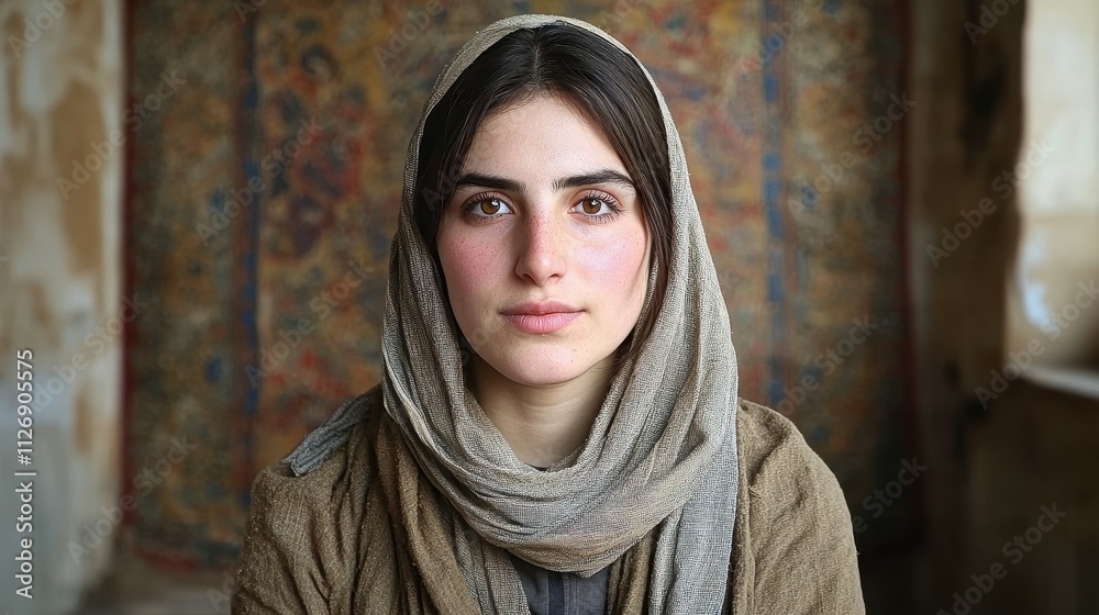 A woman wearing a scarf and a brown jacket. She has a serious look on her face. The scarf is white and has a pattern A woman wearing a scarf and a brown jacket. She has a serious look on her face. The scarf is white and has a pattern
