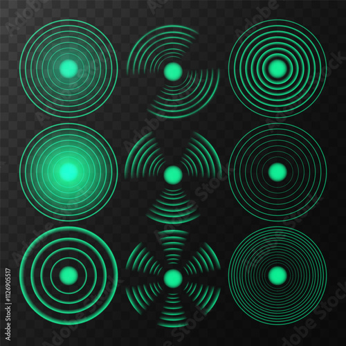 Realistic Green Radio Wave Signals: Radial Wi-Fi Connection Icons with Sound Spread, Pulse Effect, and Radar Area Vibrations. Vector Illustration on Transparent Background