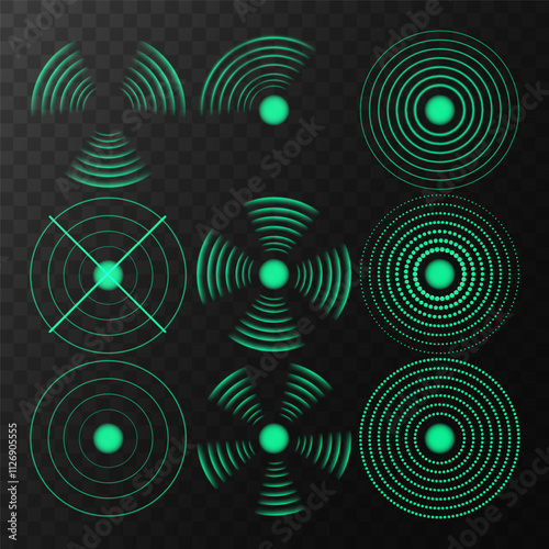 Realistic Green Radio Wave Signals: Radial Wi-Fi Connection Icons with Sound Spread, Pulse Effect, and Radar Area Vibrations. Vector Illustration on Transparent Background