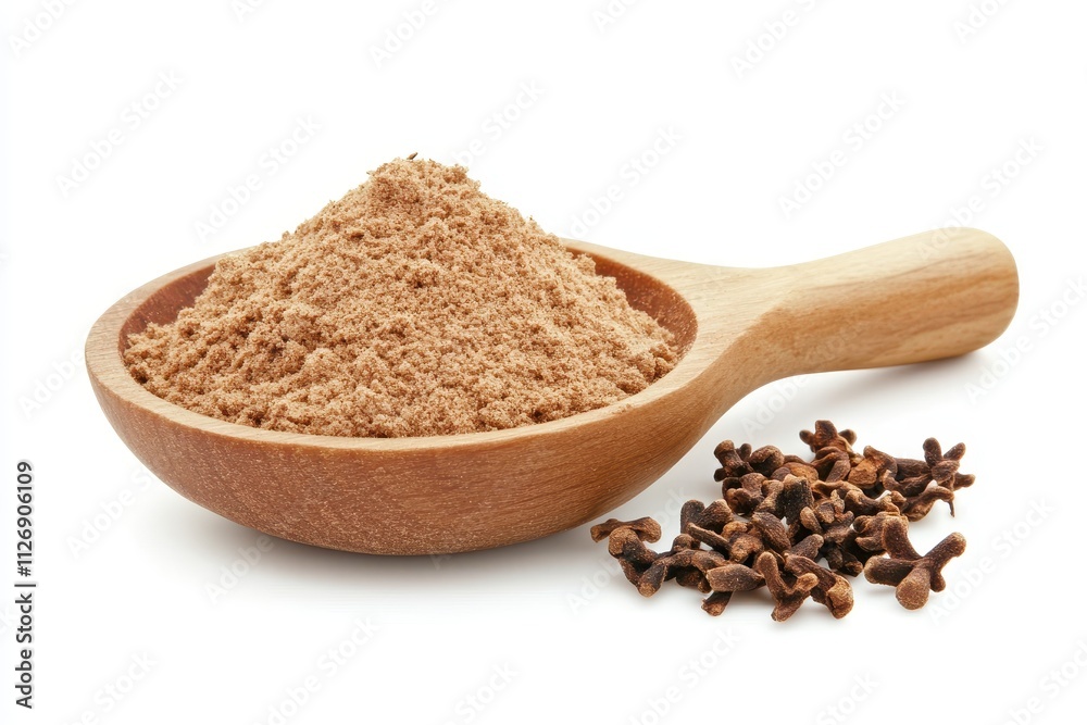 Ground cloves in a wooden spoon with whole cloves on the side for culinary use in flavorful dishes Ground cloves in a wooden spoon with whole cloves on the side for culinary use in flavorful dishes