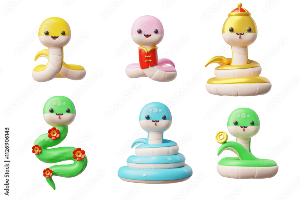 Fototapeta premium Vector 3d set of illustrations with cute snakes, different colors on an isolated background.