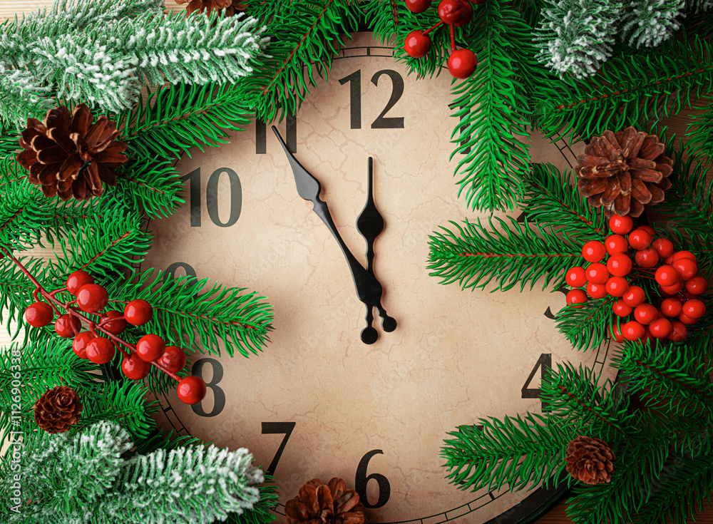 New Year's clock and still life. The clock shows midnight.