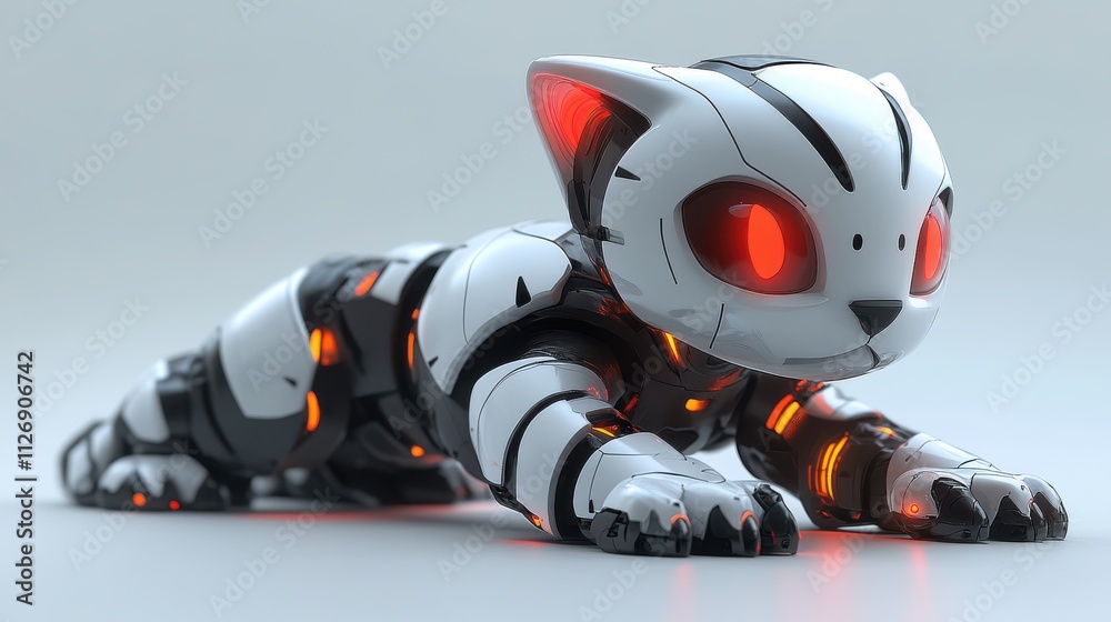 a robot cat with red eyes