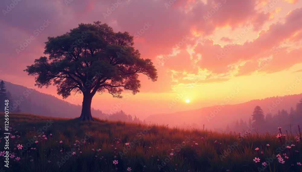 Fototapeta premium Majestic Oak Tree Silhouette at Sunset Over Grassy Hill