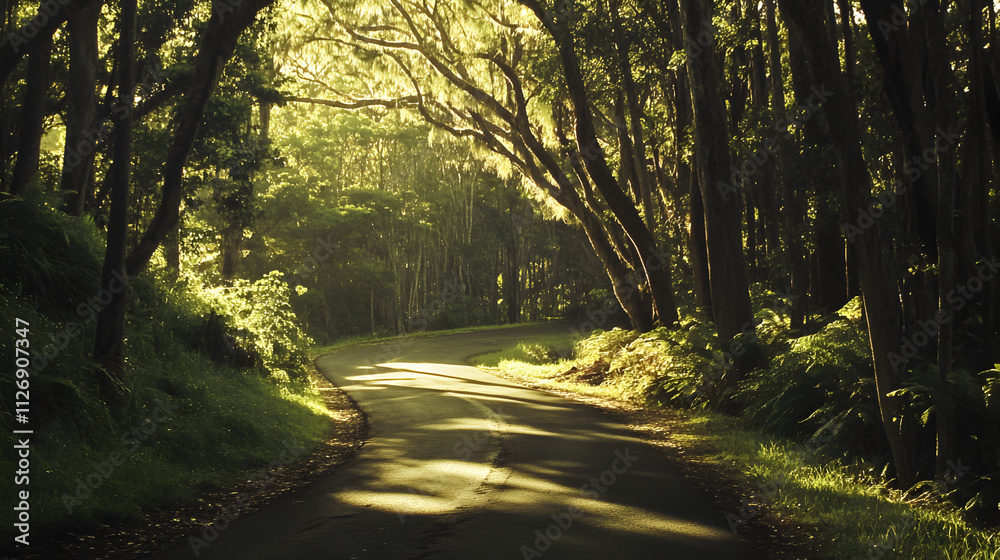 Obraz premium A serene winding road through a lush, sunlit forest.