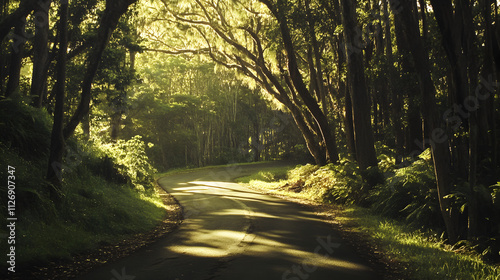 A serene winding road through a lush, sunlit forest.