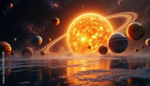 Miniature Solar System Display with Orbiting Planets and Radiant Sun
