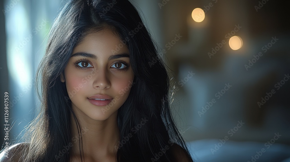 A woman with long black hair and brown eyes. She is smiling and looking at the camera. The image has a warm and friendly mood A woman with long black hair and brown eyes. She is smiling and looking at the camera. The image has a warm and friendly mood