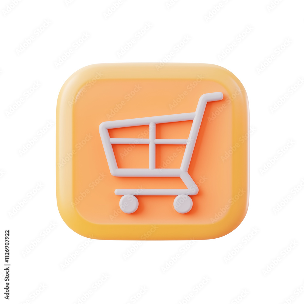 3D icon of white shopping cart on orange square isolated on transparent background 3D icon of white shopping cart on orange square isolated on transparent background