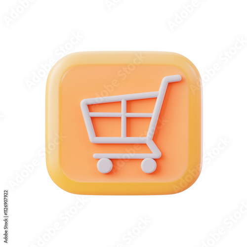 3D icon of white shopping cart on orange square isolated on transparent background