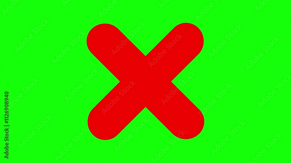 Animation of a red diagonal cross icon with rounded corners. Refus, cancel, rejection, wrong choice sign. Symbol on a green background, chromakey.