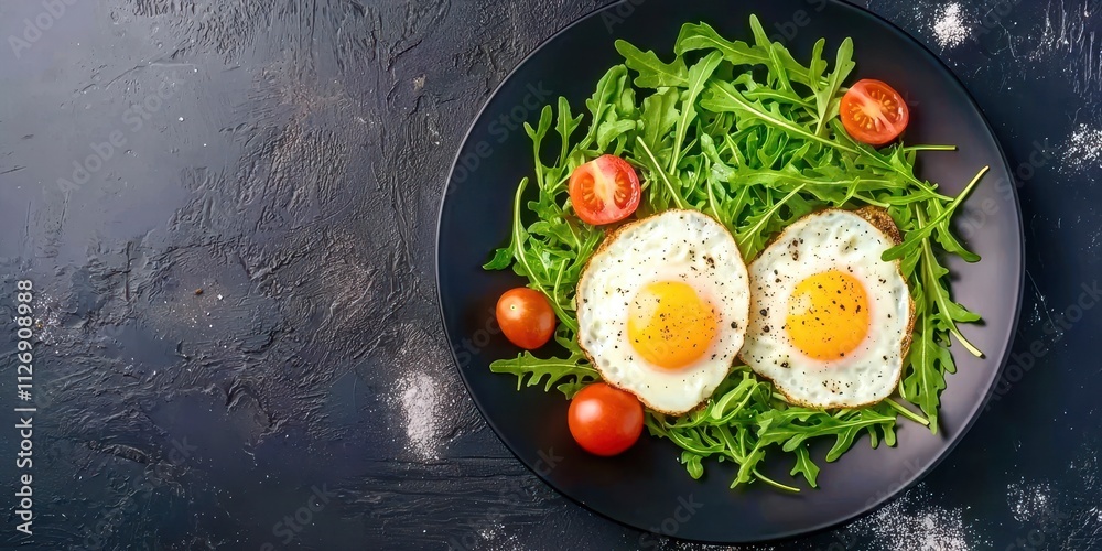 Plate of eggs and greens with tomatoes on top Plate of eggs and greens with tomatoes on top