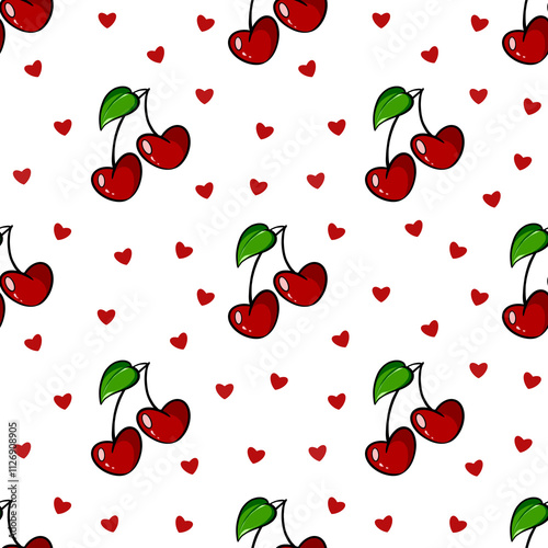 seamless pattern with cherries, red cherries seamless pattern, red cherries with green leaf And hearts pattern