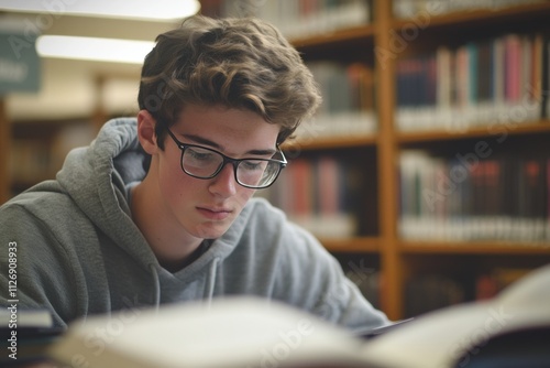 A male student focused and determined, studying diligently at the high school library, surrounded by resources to help him excel academically and achieve his educational goals. photo