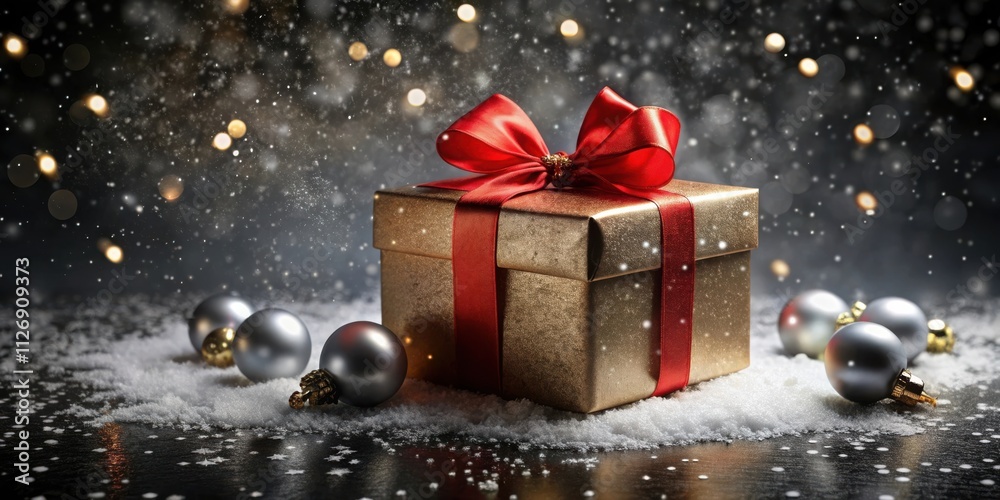 A Golden Gift Box with a Red Ribbon and Silver Ornaments in a Snowy Setting with a Glimmer of Lights in the Background