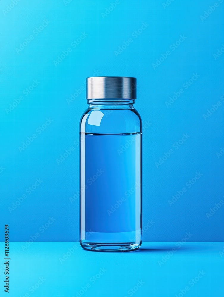 A clear glass bottle filled with blue liquid stands against a vibrant blue background, showcasing simplicity and elegance. A clear glass bottle filled with blue liquid stands against a vibrant blue background, showcasing simplicity and elegance.