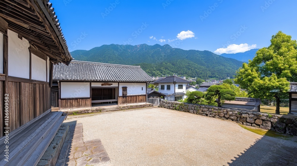 Traditional Japanese Architecture with Scenic Mountain Backdrop in Daylight Traditional Japanese Architecture with Scenic Mountain Backdrop in Daylight