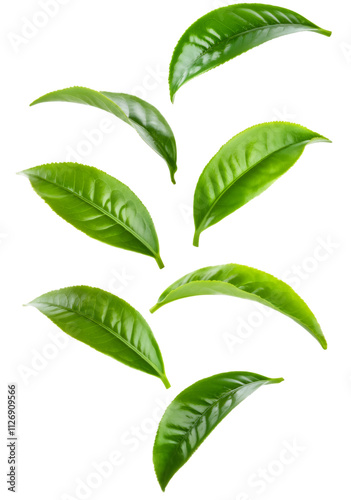Falling green tea leaves on a transparent backdrop, ideal for beverage and wellness designs