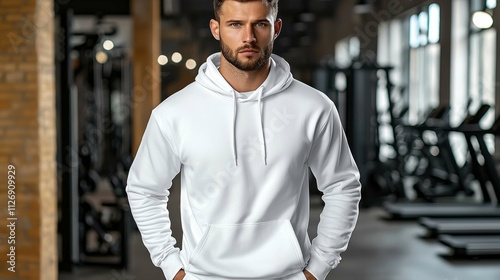 A handsome man wearing a white hoodie stands confidently in a gym setting. The atmosphere is energetic, ideal for fitness lovers.