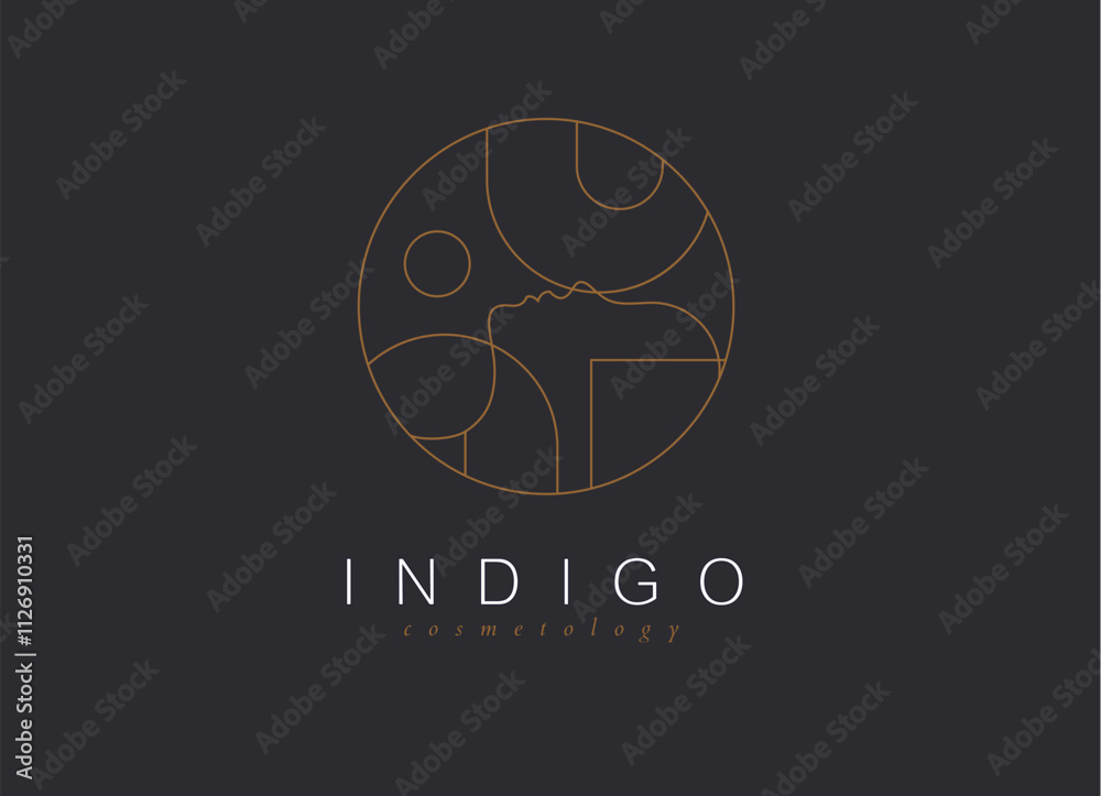 Female linear silhouette label lettering indigo cosmetology drawing on dark background