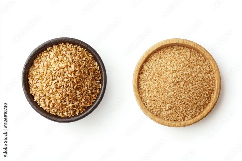 Grains and brown sugar displayed in bowls on a light background for culinary use Grains and brown sugar displayed in bowls on a light background for culinary use