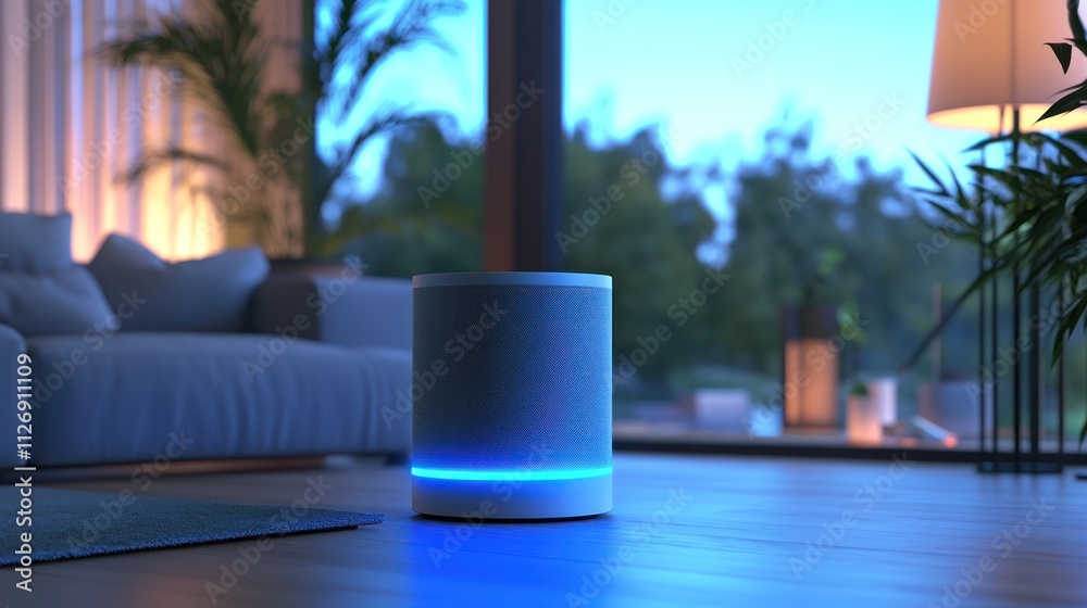 Smart speaker in a modern living room setting with ambient lighting.