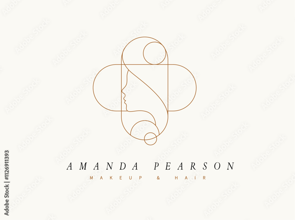 Female linear silhouette label lettering makeup and hair drawing on beige background