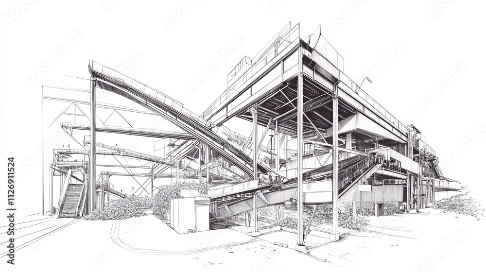 Line art of an advanced recycling plant with conveyor belts sorting materials, symbolizing environmental sustainability. Line art of an advanced recycling plant with conveyor belts sorting materials, symbolizing environmental sustainability.