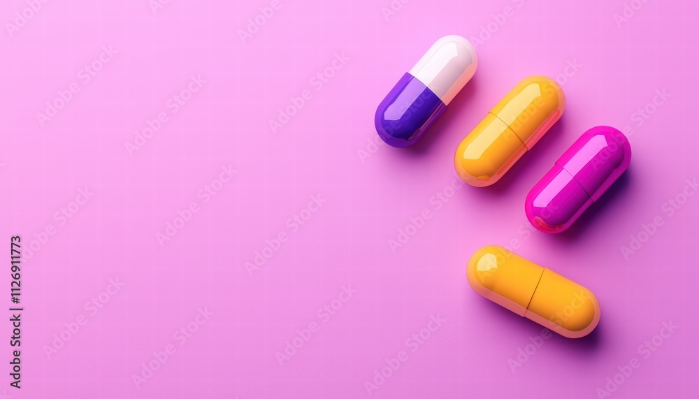 Colorful capsules arranged on a pink background, showcasing various shapes and sizes. Colorful capsules arranged on a pink background, showcasing various shapes and sizes.
